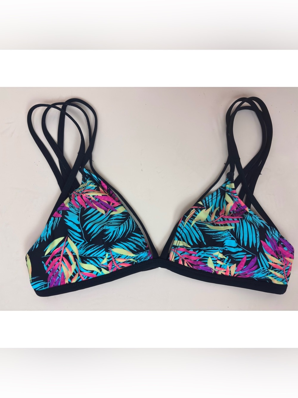 Tropical Print Triangle Swim Top - Black with Multicolor Leaves